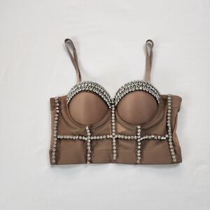 Kiwi Brown Diamond Rhinestone Embellished Bustier Festival Top Size Small Glam